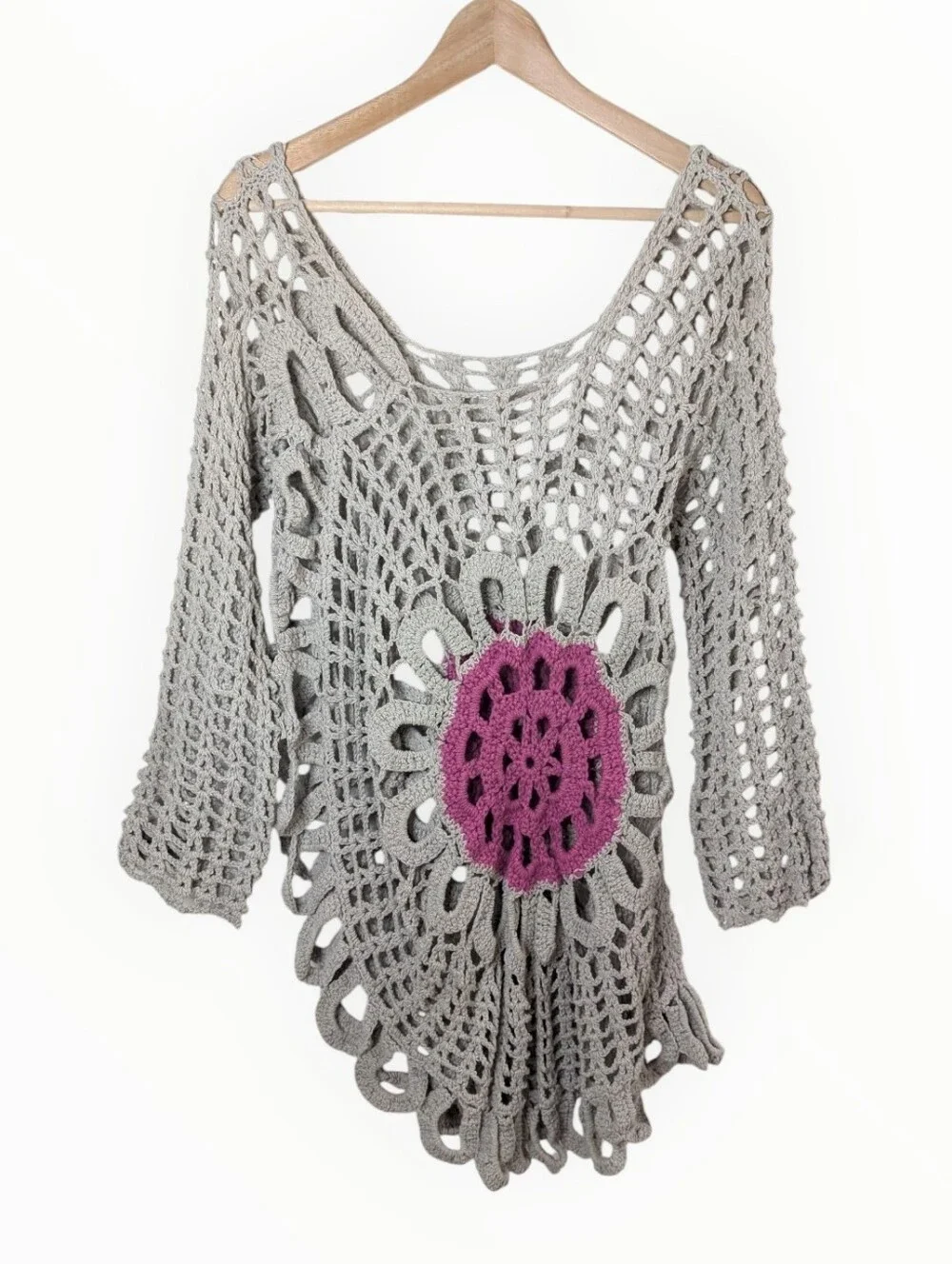 Boho Crochet Open Knit Sweater Asymmetrical Cover-up S/M